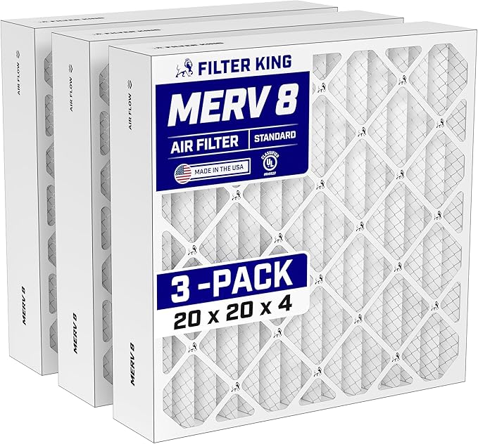 Filter King 20x20x4 Air Filter (MERV 8) (3-Pack) Dust & Allergy Control AC Furnace Filters, MADE IN USA, HVAC, Pleated, Electrostatic (Actual Size: 19.5 x 19.5 x 3.75)