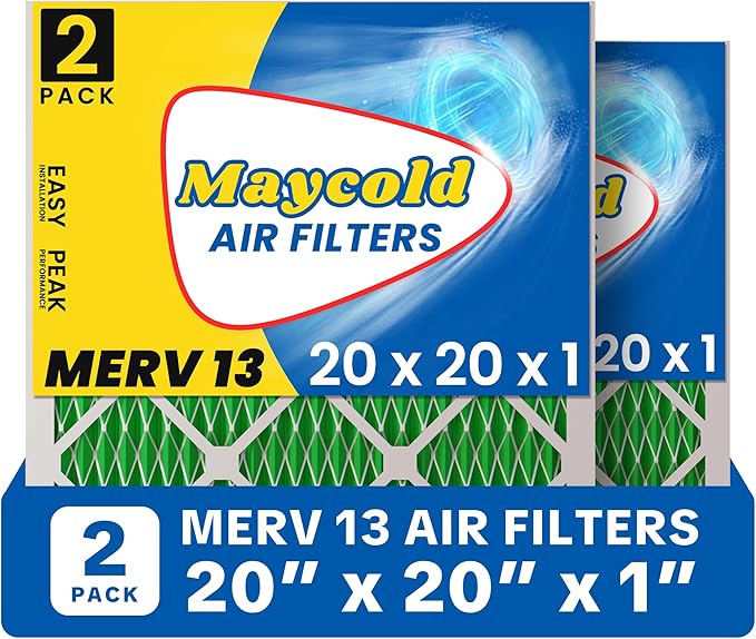 Maycold 20x20x1 Pleated Air Filter MERV 13 (2-Pack) | Superior High-Efficiency Replacement Filters for AC & Furnace Units | Actual Size: 19.70" x 19.70" x 0.75"