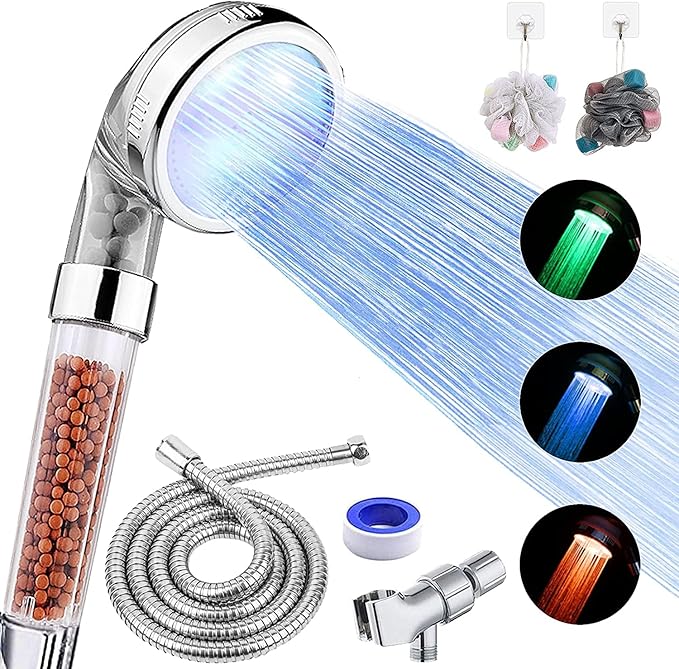 FASTRAS LED Shower Head with Handheld, High Pressure Shower Head with Hose, Holder & PTFE Tape etc, 3 Water Temperature-Controlled Water Saving Filtered Shower Head for Dry Hair& Skin