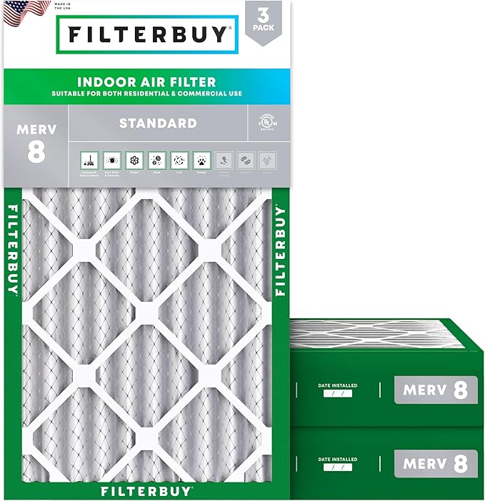 Filterbuy 16x24x4 Air Filter MERV 8 Essential Dust & Allergy Defense (3-Pack), Electrostatic Pleated HVAC AC Furnace Filters Replacement, Made in USA (Actual Size: 15.38 x 23.38 x 3.63)