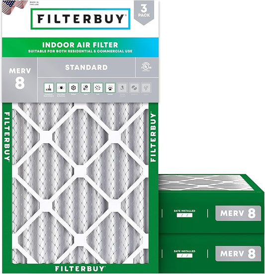 Filterbuy 20x30x4 Air Filter MERV 8 Essential Dust & Allergy Defense (3-Pack), Electrostatic Pleated HVAC AC Furnace Filters Replacement, Made in USA (Actual Size: 19.50 x 29.50 x 3.63)