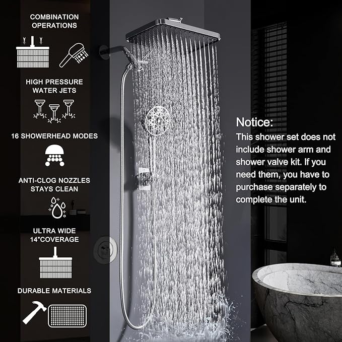 Dual shower Head with Handheld and Filter-14'' Rainfall ShowerHead,High Pressure Handheld Shower Head with Filters for Hard Water,7Spray with Power Wash,3-Way Setting for Couple Bathroom