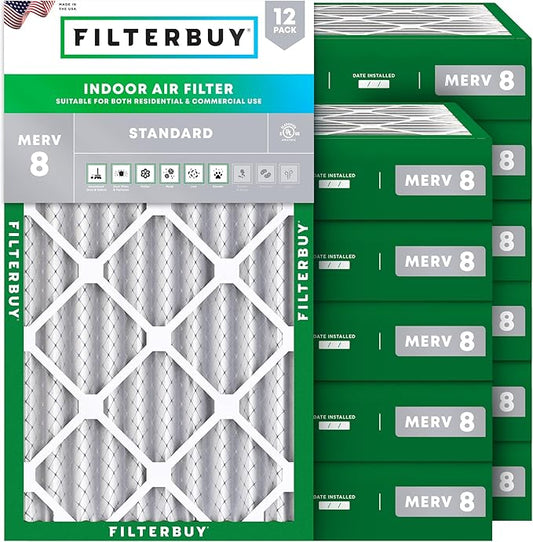 Filterbuy 12x24x4 Air Filter MERV 8 Essential Dust & Allergy Defense (12-Pack), Electrostatic Pleated HVAC AC Furnace Filters Replacement, Made in USA (Actual Size: 11.50 x 23.38 x 3.63)