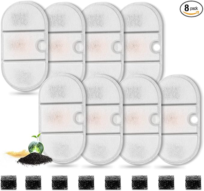 8 Pack Cat Water Fountain Filters with 8 Sponges, Pet Water Fountain Replacement Filter for 71oz/2.1L PLWF002 Capsule Cat Water Fountain, Pet Fountain Filter Set
