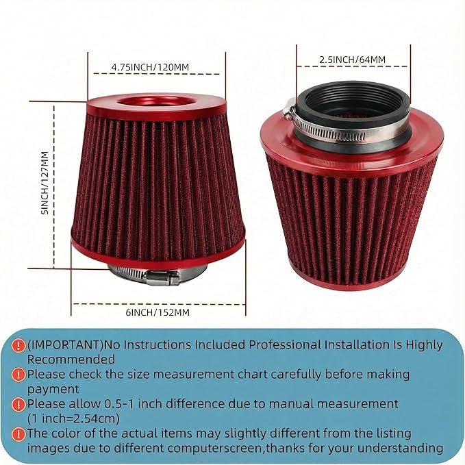 Universal Clamp-On Air Intake Filter, High Performance, Washable Filter, Replacement Air Filter, Flange Diameter 2.5inch/64mm (Red)