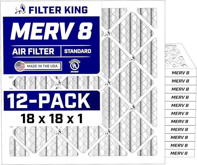 Filter King 18x18x1 Air Filter (MERV 8) (12-Pack) Dust & Allergy Control AC Furnace Filters, MADE IN USA, HVAC, Pleated, Electrostatic (Actual Size: 17.5 x 17.5 x .75)