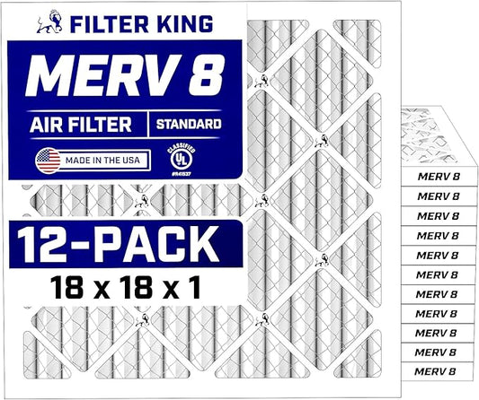 Filter King 18x18x1 Air Filter (MERV 8) (12-Pack) Dust & Allergy Control AC Furnace Filters, MADE IN USA, HVAC, Pleated, Electrostatic (Actual Size: 17.5 x 17.5 x .75)