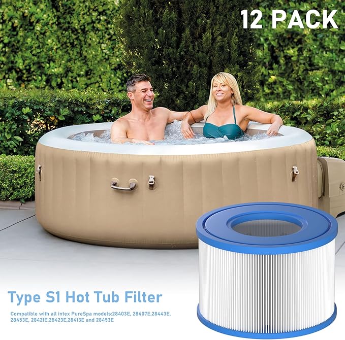 12 Pack Type S1 Spa Filters for All Intex PureSpa 28429E, 28403E, 28407E, 28443E, 28453E, 28421E, 28423E, 28413E, and 28453E, 11692, SB-h10, JPC01 Swimming Pool Pump