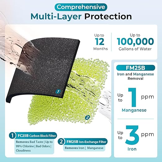 iSpring Iron, Mangaese Whole House Water Filter System Also Eliminates Chlorine, Taste, and Odor, 2-Stage Commercial-Grade 20" x 4.5" Industry Standard-Sized Filters, 1" Inlet/Outlet, Model: WGB22BM