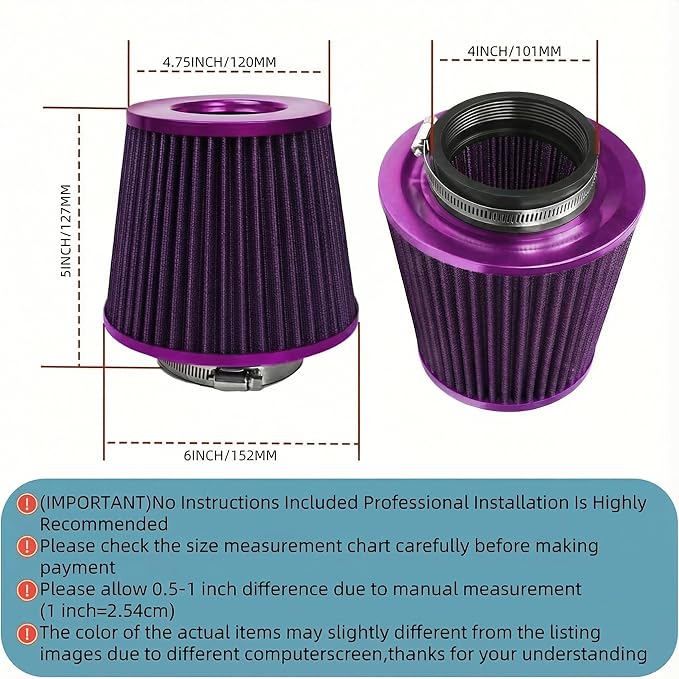 Universal Clamp-On Air Intake Filter, High Performance, Washable Filter, Replacement Air Filter, Flange Diameter 4inch/100mm (Purple)