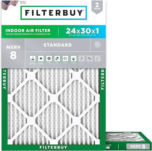 Filterbuy 24x30x1 Air Filter MERV 8 Essential Dust & Allergy Defense (2-Pack), Electrostatic Pleated HVAC AC Furnace Filters Replacement, Made in USA (Actual Size: 23.88 x 29.88 x 0.75)