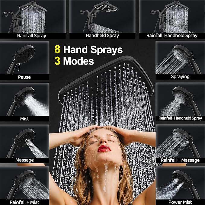 Rain Shower Head with Handheld High Pressure rainfall Shower Heads with Handheld Spray Combo Adjustable one-piece stand daul shower head Built-in Magnetic Docking and Power Jets-Black