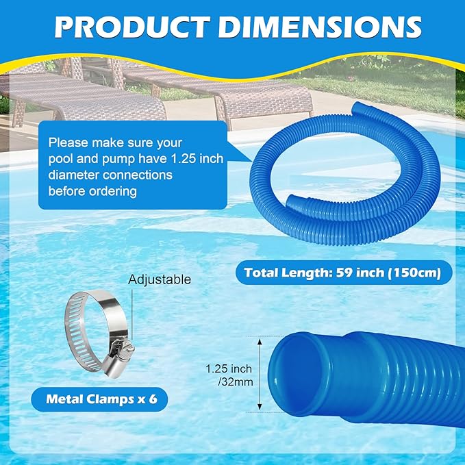 3 Pcs 1.25" Pool Hose, 59" Long Accessory Pool Pump Replacement Hoses, Compatible with All Above Ground Pool Filter Pumps that Use 1 1/4 Diameter Hoses