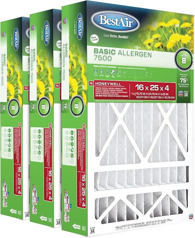 BestAir HW1625-8R AC Furnace Air Filter, 16" x 25" x 4", MERV 8, Removes Allergens & Contaminants, Fits 100%, For Honeywell Models, Pack of 3