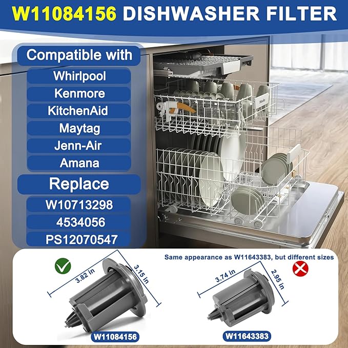 W11084156 Dishwasher Filter Compatible with Whirlpool KitchenAid Maytag Jenn-Air Amana Inglis Magic Chef. W11084156 AP6048028 Circulating Pump Filter Replace W10713298 4534056 PS12070547