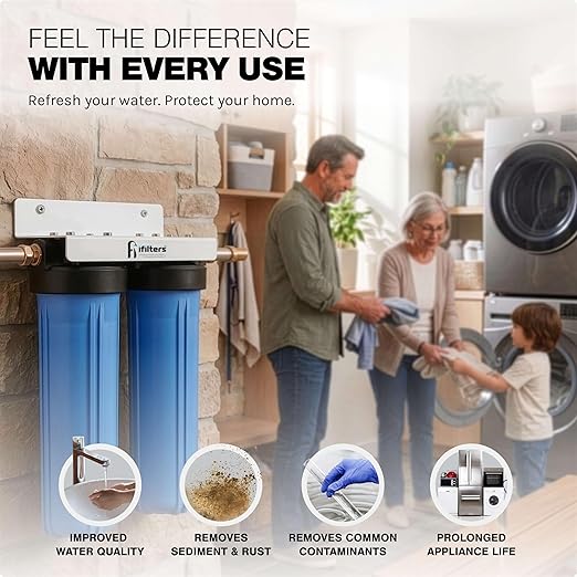 iFilters MWH-D20 Whole House Water Filtration System, 20 x 4.5 Dual-Stage Whole House Water Filter System, Sediment & CTO Carbon Filtration for Chlorine, Rust, Sand, Dirt & Odor Reduction