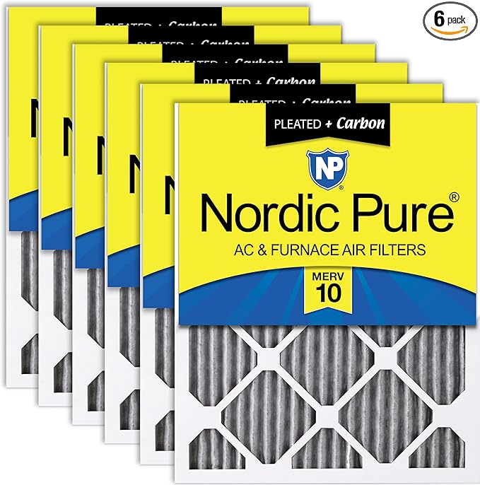 Nordic Pure 20x20x1 (Actual Size: 19 1/2 x 19 1/2 x 3/4) Furnace Air Filters MERV 10 Pleated Plus Carbon 6 Pack