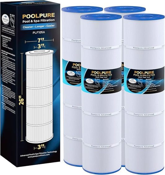 POOLPURE CCP420 Pool Filters Replaces Pentair Clean and Clear Plus 420, R173576, PCC105, 178584, Ultral-A6, Unicel C-7471, 817-0106, Filbur FC-1977, 570-0425-07, L x OD: 26"x7", 4X105 sq.ft. Cartridge