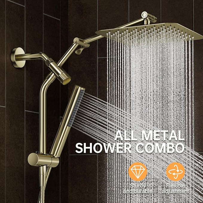 Veken All Metal 10" Brushed Gold Shower Head with Handheld, Luxurious Square Double Rain Shower Heads with Spray Combo, Dual High Pressure Detachable Rainfall Showerhead with Extension Arm, Long Hose
