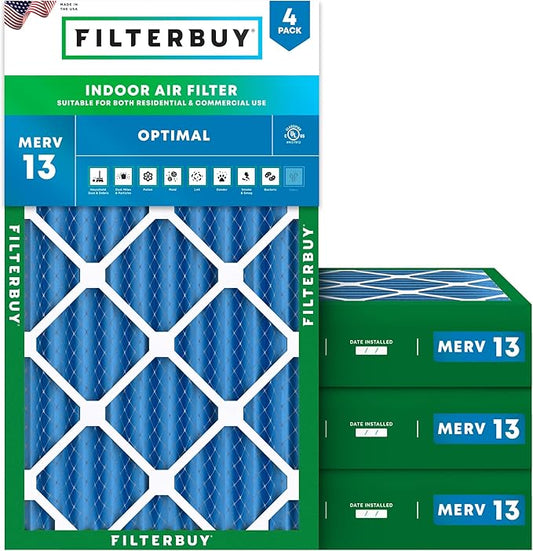 Filterbuy 12x20x4 Air Filter MERV 13 Optimal Smoke & Allergy Defense (4-Pack), Electrostatic Pleated HVAC AC Furnace Filters Replacement, Made in USA (Actual Size: 11.50 x 19.50 x 3.63)