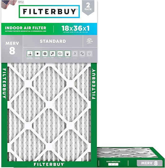 Filterbuy 18x36x1 Air Filter MERV 8 Essential Dust & Allergy Defense (2-Pack), Electrostatic Pleated HVAC AC Furnace Filters Replacement, Made in USA (Actual Size: 17.50 x 35.50 x 0.75)