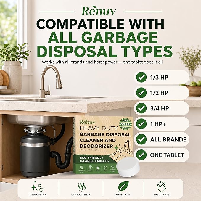 Renuv® Garbage Disposal Cleaner and Deodorizer Tablets Drain Freshener, Foaming Citrus Scent, Sink Odor Refresher for Kitchen Garbage Disposer Cleaning (12 XL Tablets - One Year Supply)