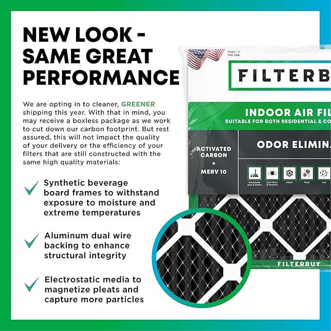 Filterbuy 15x20x1 Air Filter MERV 10 Odor & Allergy Defense with Activated Carbon (2-Pack), Electrostatic Pleated HVAC AC Furnace Filters Replacement, Made in USA (Actual Size: 14.50 x 19.50 x 0.75)