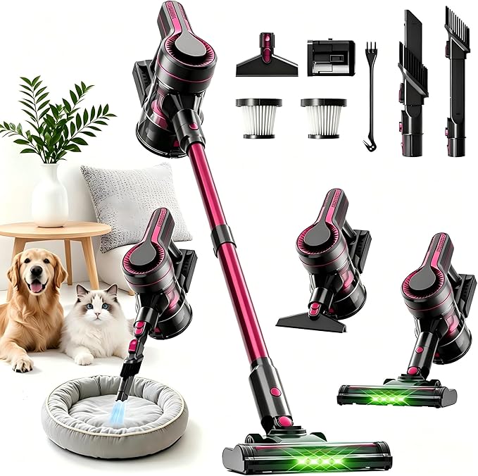 Cordless Vacuum Cleaner for Home,600W 40000PA 70Mins, Self-Standing,Powerful Suction Anti-Tangle Long&Pet Hair, Easily Picks Up Hard/Soft Debris for All Surfaces:Hardwood Floors,Tile,Carpet (Rose Red)