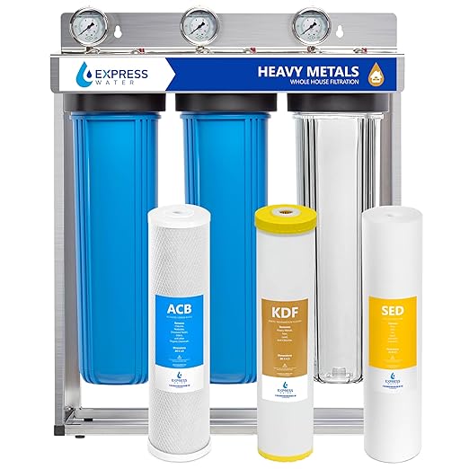 Express Water Whole House Water Filter System for Heavy Metals, 3 Stage Water Purifier Whole Home, KDF Heavy Metal Filter Targets Lead, Arsenic, Chromium, with Stainless Steel Frame & Pressure Gauges