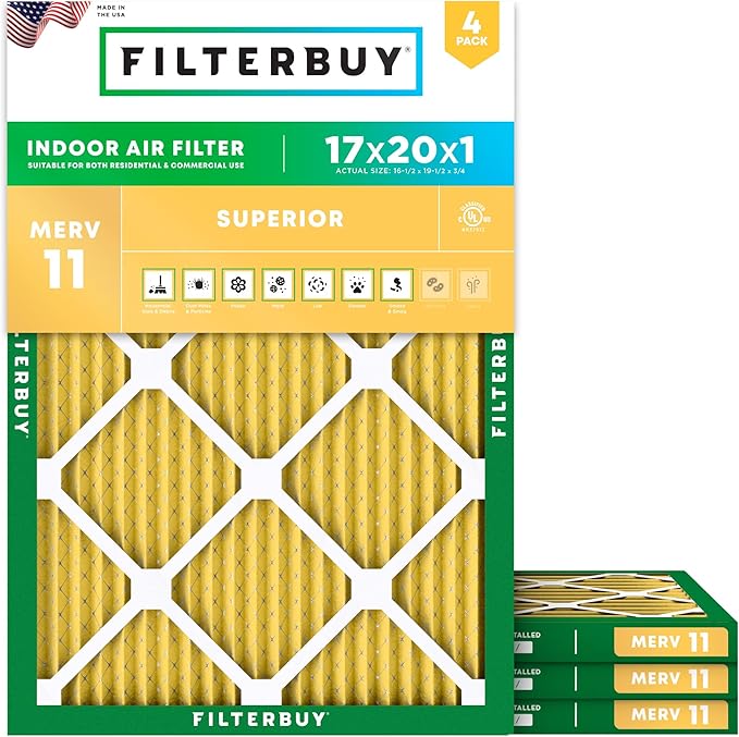Filterbuy 17x20x1 Air Filter MERV 11 Superior Pet & Allergy Defense (4-Pack), Electrostatic Pleated HVAC AC Furnace Filters Replacement, Made in USA (Actual Size: 16.50 x 19.50 x 0.75)