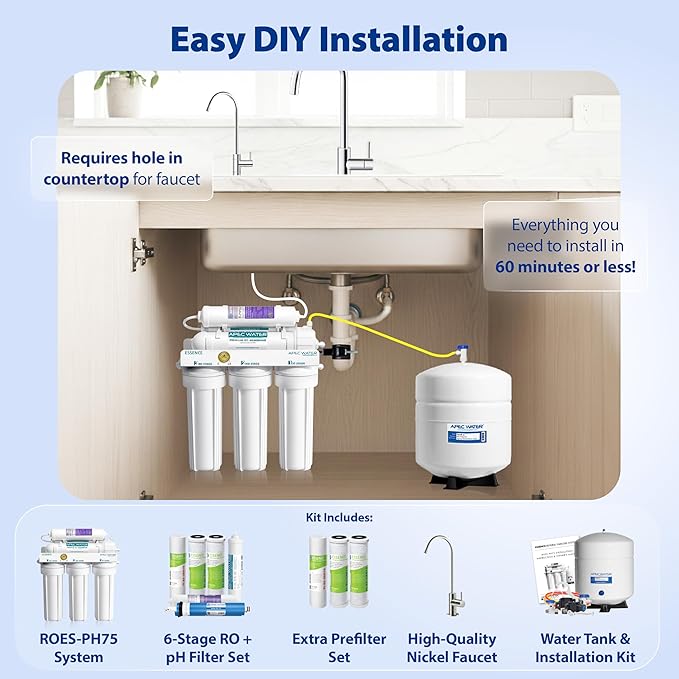 APEC Water ROES-PH75X 6-Stage Alkaline Under Sink Reverse Osmosis Water Filter System, NSF Cetified 372 & 58, 75 GPD, with Extra High Capacity Pre-Filter Set Stage 1-3