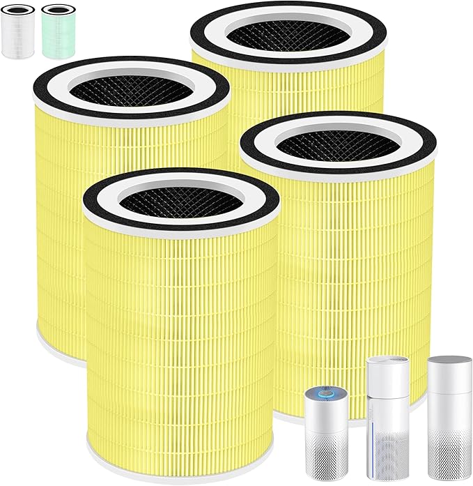 Kilo True HEPA Pet Allergy Replacement Filter for Afloia Air Purifier Kilo,Kilo Plus,Kilo PRO,MIRO,MIRO PRO and MORENTO MR-Kilo/Kalo,360° 3-Stage Filtration,4 Pack,Yellow
