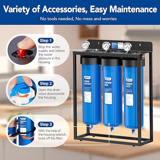WF3-02 3-Stage Free-Standing Whole House Water Filtration System, Reduces Heavy Metals (Lead, Mercury, Arsenic, Cadmium, Chromium), Chlorine, Sediment, Odor, and VOC’s