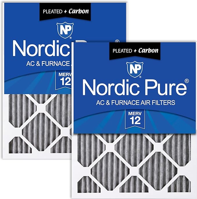 Nordic Pure 24x24x1 (Actual Size: 23 3/8 x 23 3/8 x 3/4) Furnace Air Filters MERV 12 Pleated Plus Carbon 2 Pack