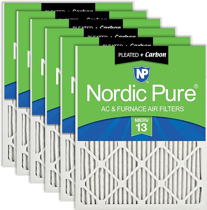 Nordic Pure 24x24x1 (Actual Size: 23 3/8 x 23 3/8 x 3/4) Pleated Air Filters MERV 13 Plus Carbon 6 Pack