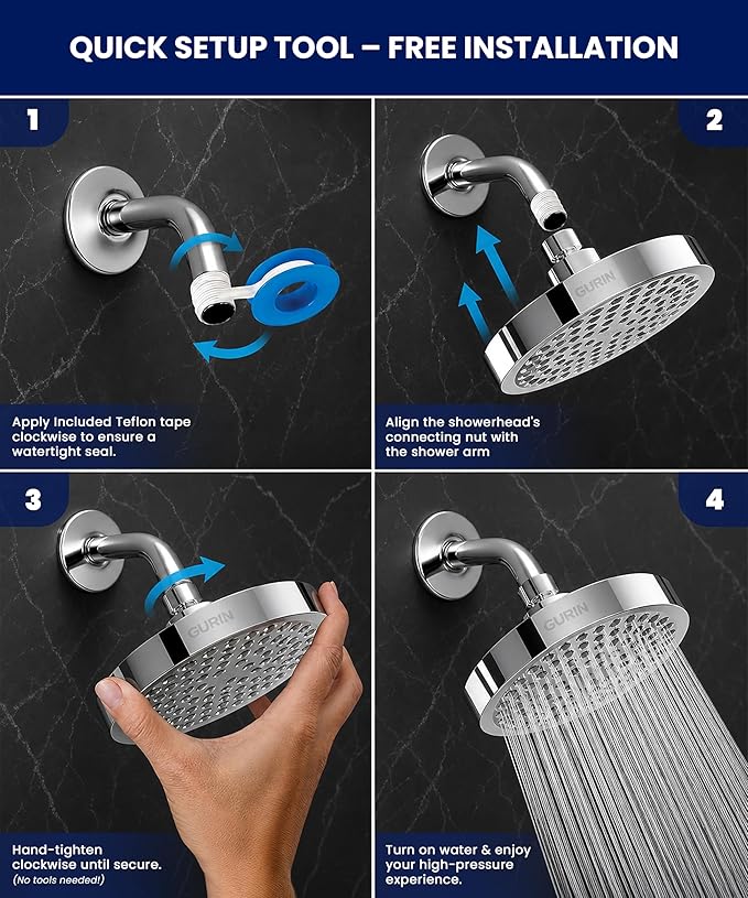 GURIN Shower Head - Powerful High Pressure Rain Shower Head 6 Inch - Luxury Rainfall Showerhead with Adjustable Angles, 90 Anti-Clog Nozzles, Tool-Free 1-Min Install, Premium Polished Chrome Finish