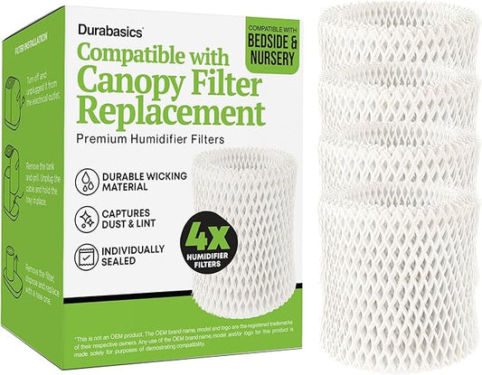 Durabasics Humidifier Filter Replacement – Compatible with Canopy Bedside Humidifiers (4 Pack), Wick Filters, Wood Pulp Paper, Helps Capture Minerals, Replace About Every 6 Weeks