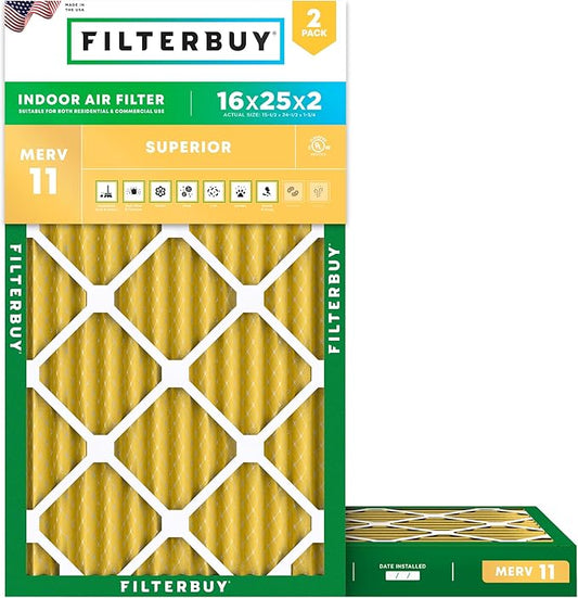Filterbuy 16x25x2 Air Filter MERV 11 Superior Pet & Allergy Defense (2-Pack), Electrostatic Pleated HVAC AC Furnace Filters Replacement, Made in USA (Actual Size: 15.50 x 24.50 x 1.75)