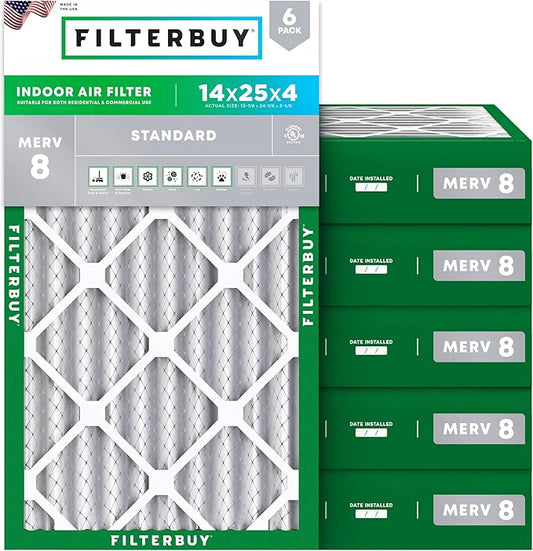 Filterbuy 14x25x4 Air Filter MERV 8 Essential Dust & Allergy Defense (6-Pack), Electrostatic Pleated HVAC AC Furnace Filters Replacement, Made in USA (Actual Size: 13.88 x 24.88 x 3.63)