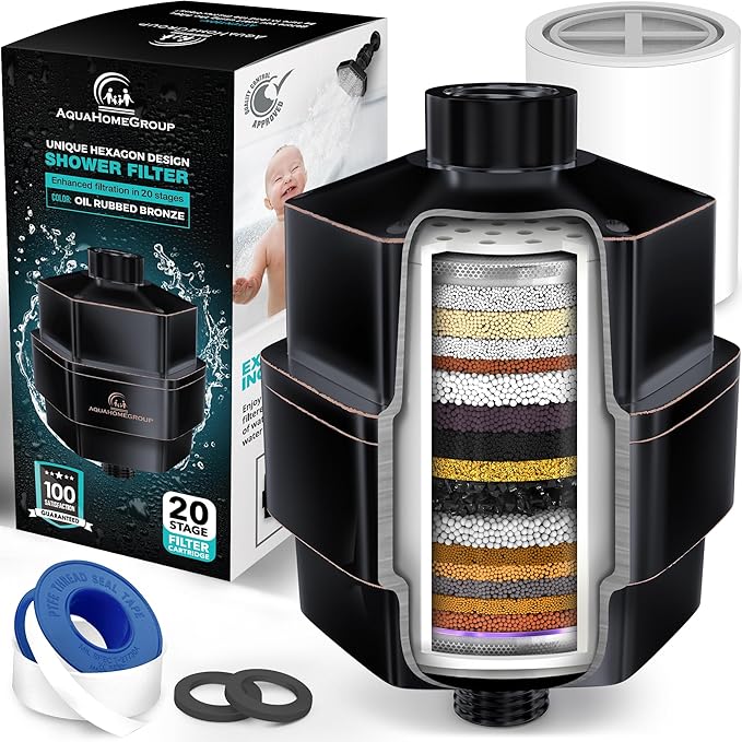 AquaHomeGroup 20 Stage Shower Filter - Reduces Chlorine, Heavy Metals and Sediment - Vitamin C and E - High Output - Universal Fit - Bronze Black