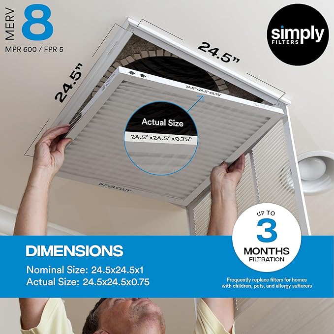 Simply 24.5x24.5x1 Air Filter, Merv 8, 4 Pack, For Home AC Furnace & HVAC (Actual Size: 24.5x24.5x0.75") DUST, Pet, & Allergy Control