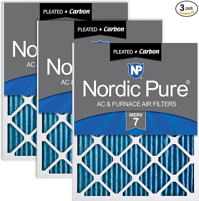 Nordic Pure 12x24x1 (Actual Size: 11 1/2 x 23 1/2 x 3/4) Pleated Air Filters MERV 7 Plus Carbon 3 Pack