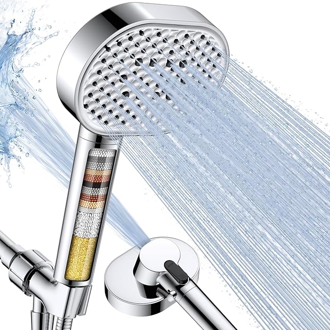 Vatex Filtered Shower Head with Handheld, High Pressure 4 Spray Shower Heads with Filters, Anti-clog Silicone Nozzles for Hard Water Showerhead, Built-in Power Wash to Clean Tub/Tile/Pets
