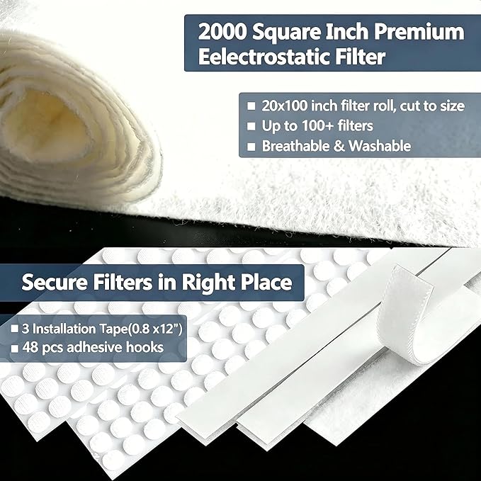 MERV 8 Air Vent Filters Kit 20x100 Inch|Cut to Fit (60+ Filters) Filter Material,High-Grade Electrostatic Filter Media with 48 Hooks for Home Floor, Ceiling, HVAC Furnace Vents & Grilles