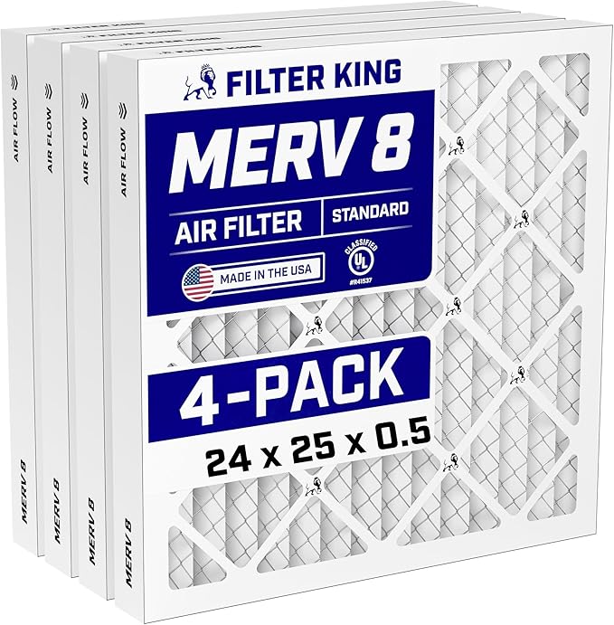 Filter King 24x25x0.5 Air Filter (MERV 8) (4-Pack) Dust & Allergy Control AC Furnace Filters, MADE IN USA, HVAC, Pleated, Electrostatic (Actual Size: 23.5 x 24.5 x 0.5)
