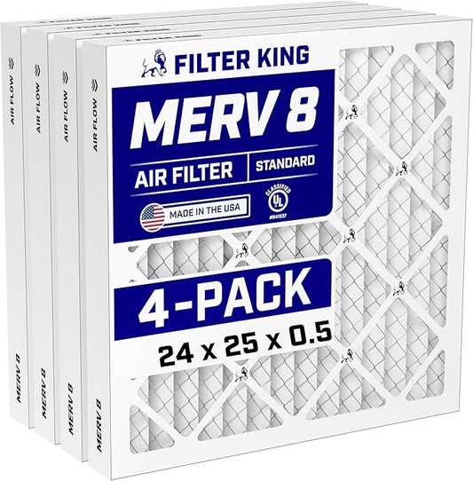 Filter King 24x25x0.5 Air Filter (MERV 8) (4-Pack) Dust & Allergy Control AC Furnace Filters, MADE IN USA, HVAC, Pleated, Electrostatic (Actual Size: 23.5 x 24.5 x 0.5)