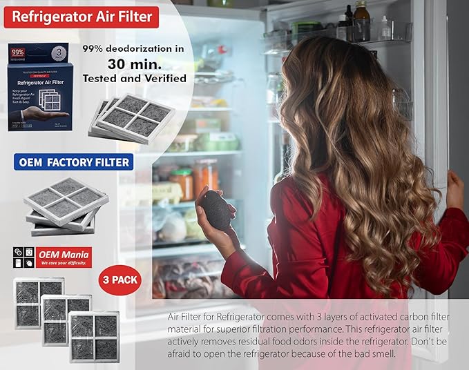 LT120F 3 Pack Air Filter - Perfect Fit/No Carbon Powder 6 Month Replacement Fridge Fresh Air System - Replacement Compatible with LG LT120F, Kenmore Elite 469918, ADQ73214404, ADQ73334008
