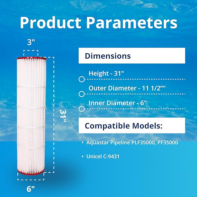 DPM Heavy-Duty Pro AquaStar PLF35000 Replacement Cartridge Pipeline Inline Swimming Pool Filter Pleated Element 1 Pack | Made in USA | Replacement for PF35000 (250 Sq Ft (31" Height) PLF35000)