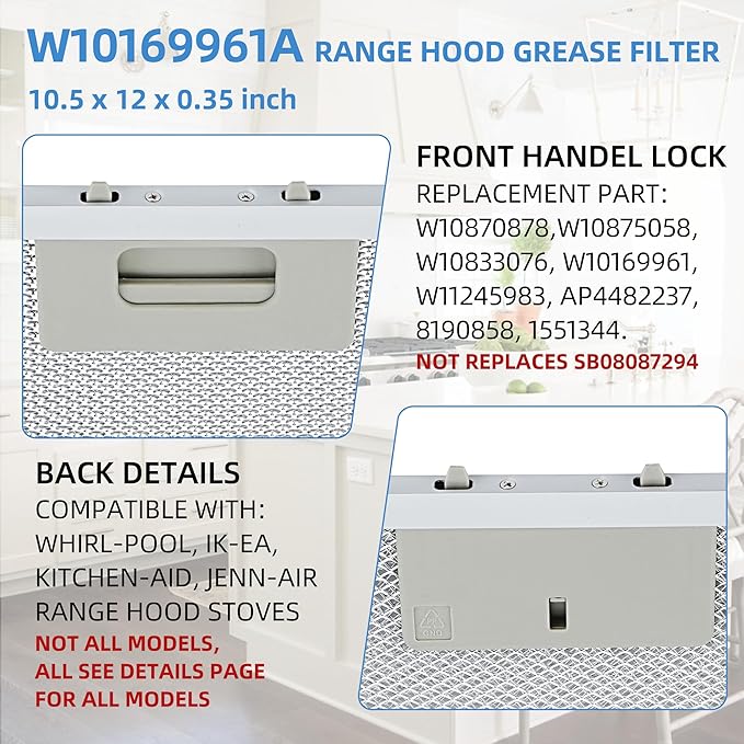 W10169961A 10.5 x 12 in Range Stove Grease Filter Compatible with Whirl.pool Ik.ea Kitchen.Aid Jenn.Air Brands Some Range Hoods - 2PC by Fetechmate
