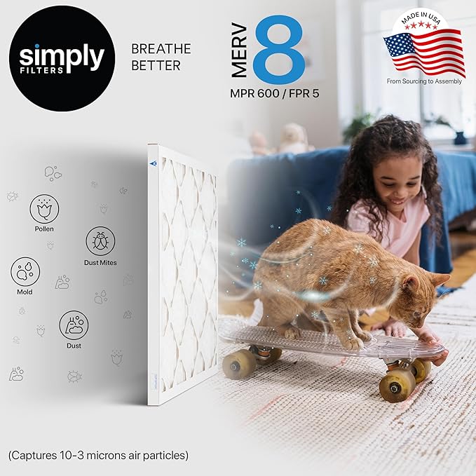 Simply 18x19x1 Air Filter, Merv 8, 4 Pack, For Home AC Furnace & HVAC (Actual Size: 17.75"x18.75"x0.75") DUST, Pet, & Allergy Control